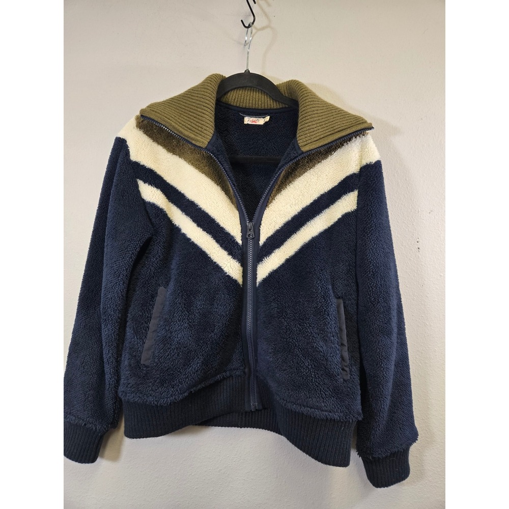 Faherty Chevron Fleece Sherpa Full Zip Mock Neck Jacket Navy Green XS